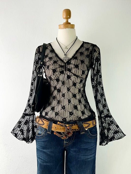 Bell-sleeved mesh top