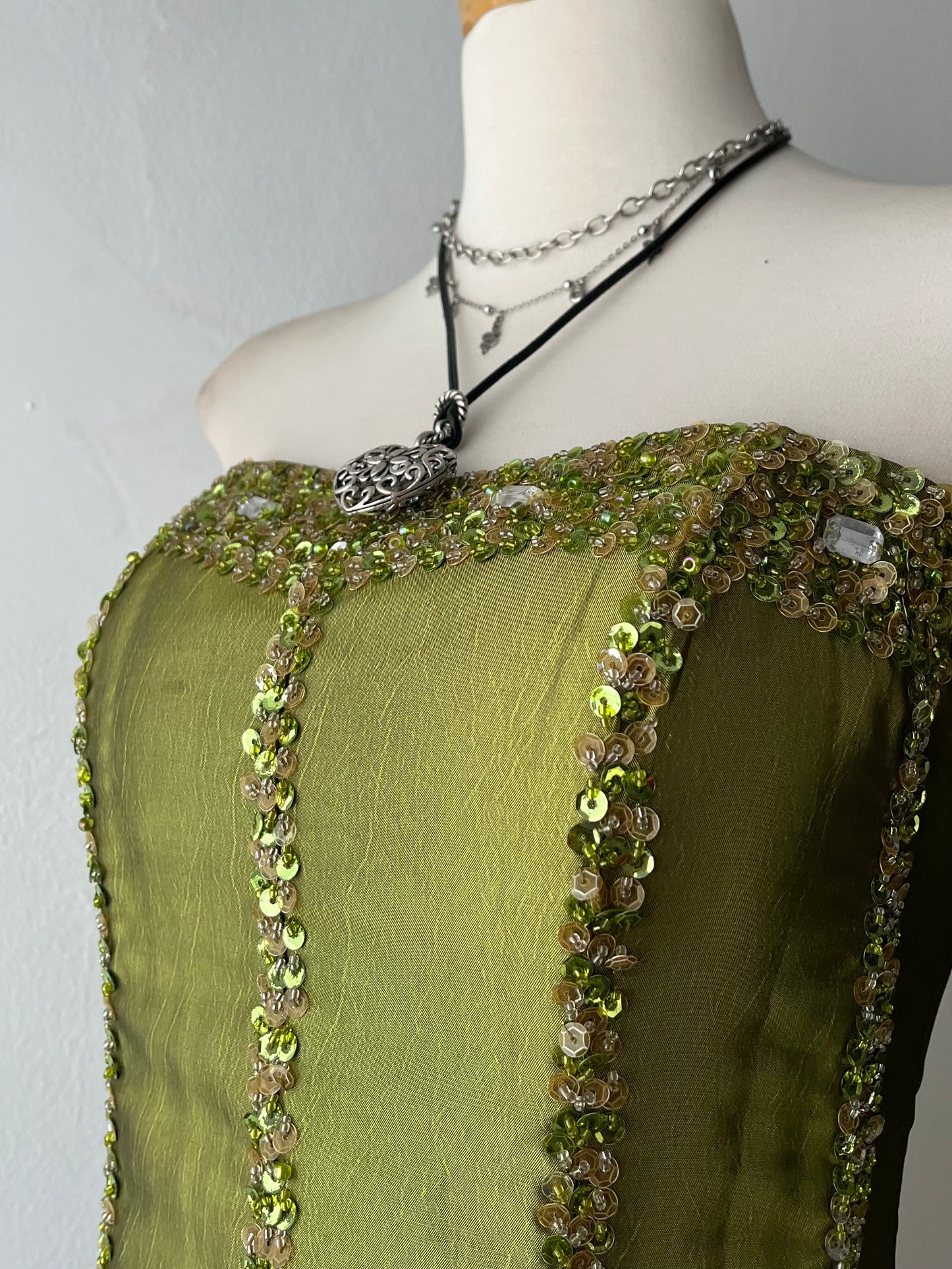 Iridescent corset with rhinestone embroidery