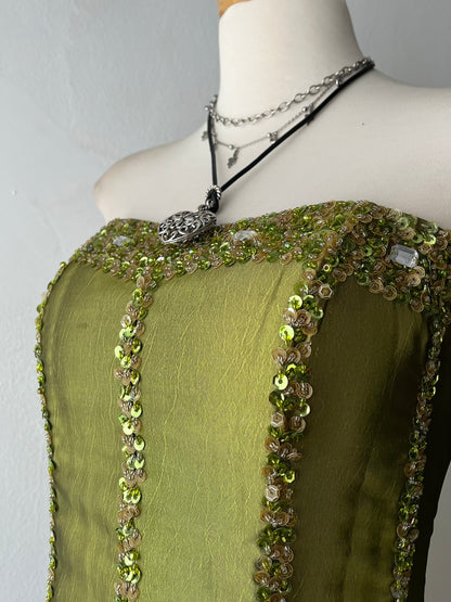 Iridescent corset with rhinestone embroidery