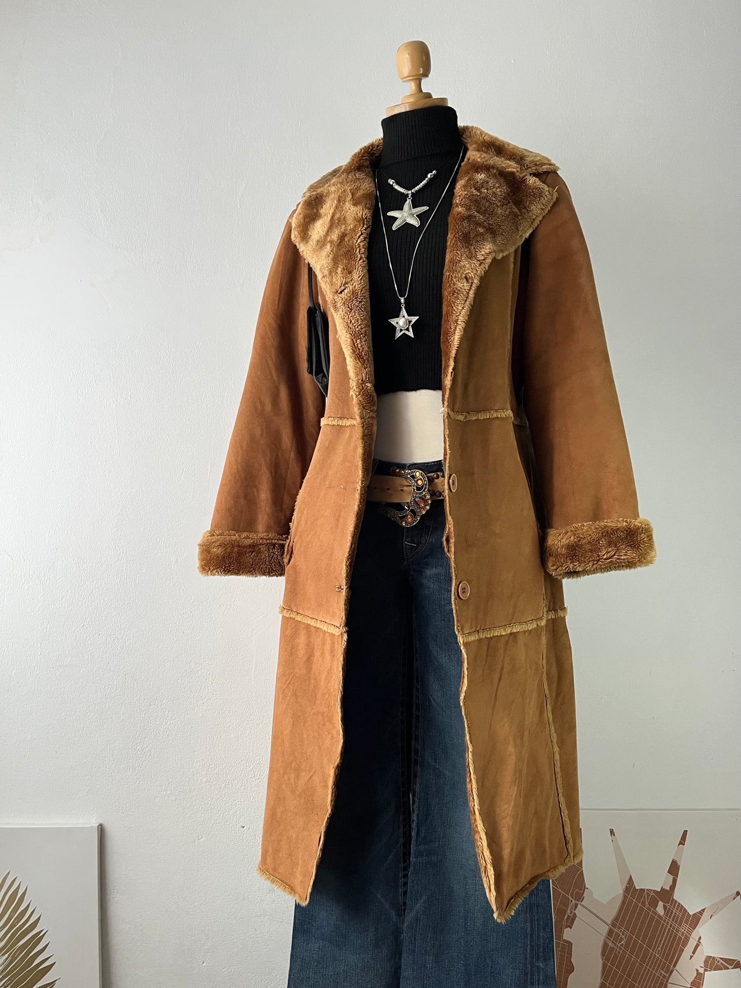 Long camel coat with warm inner lining