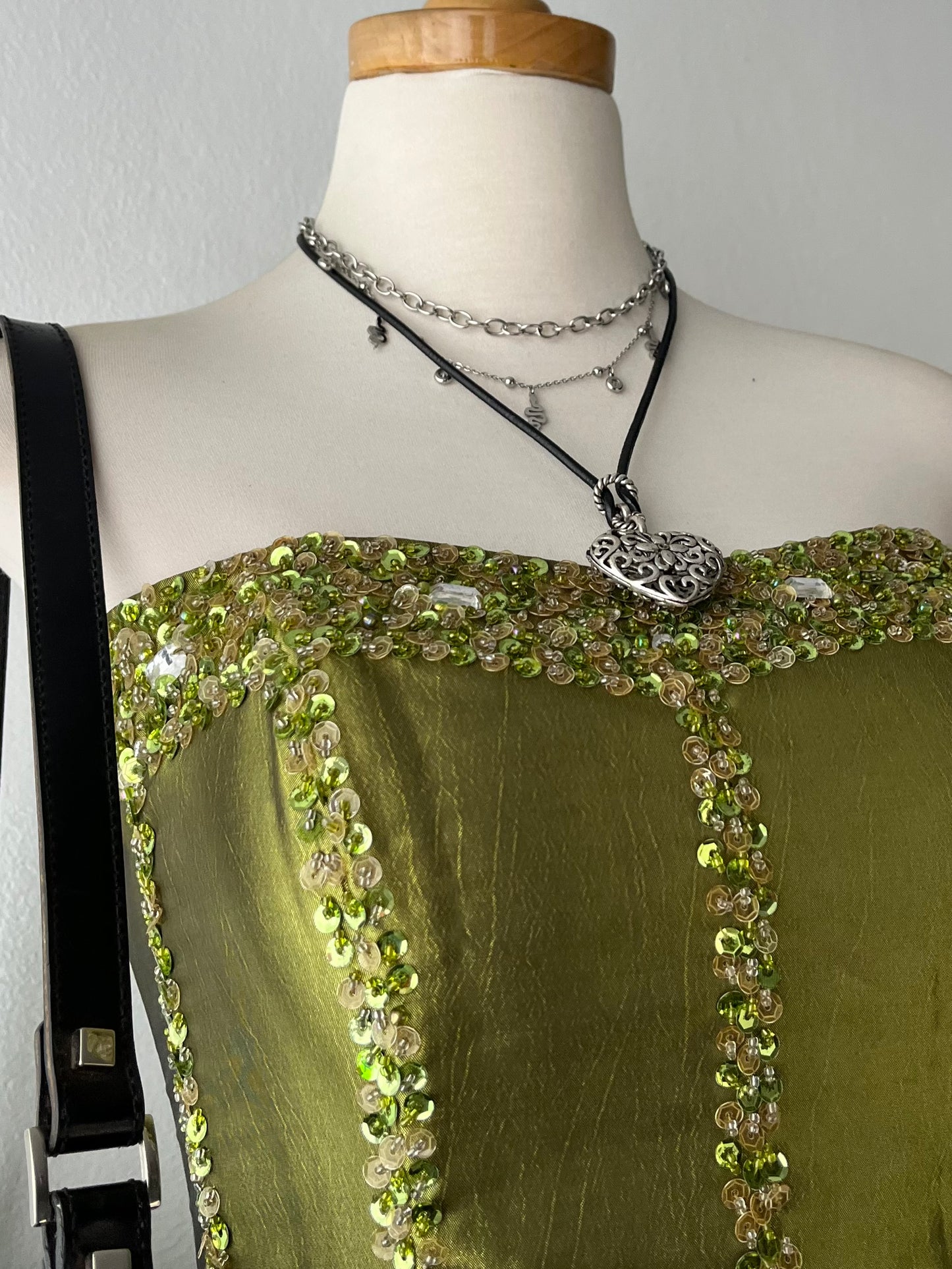 Iridescent corset with rhinestone embroidery