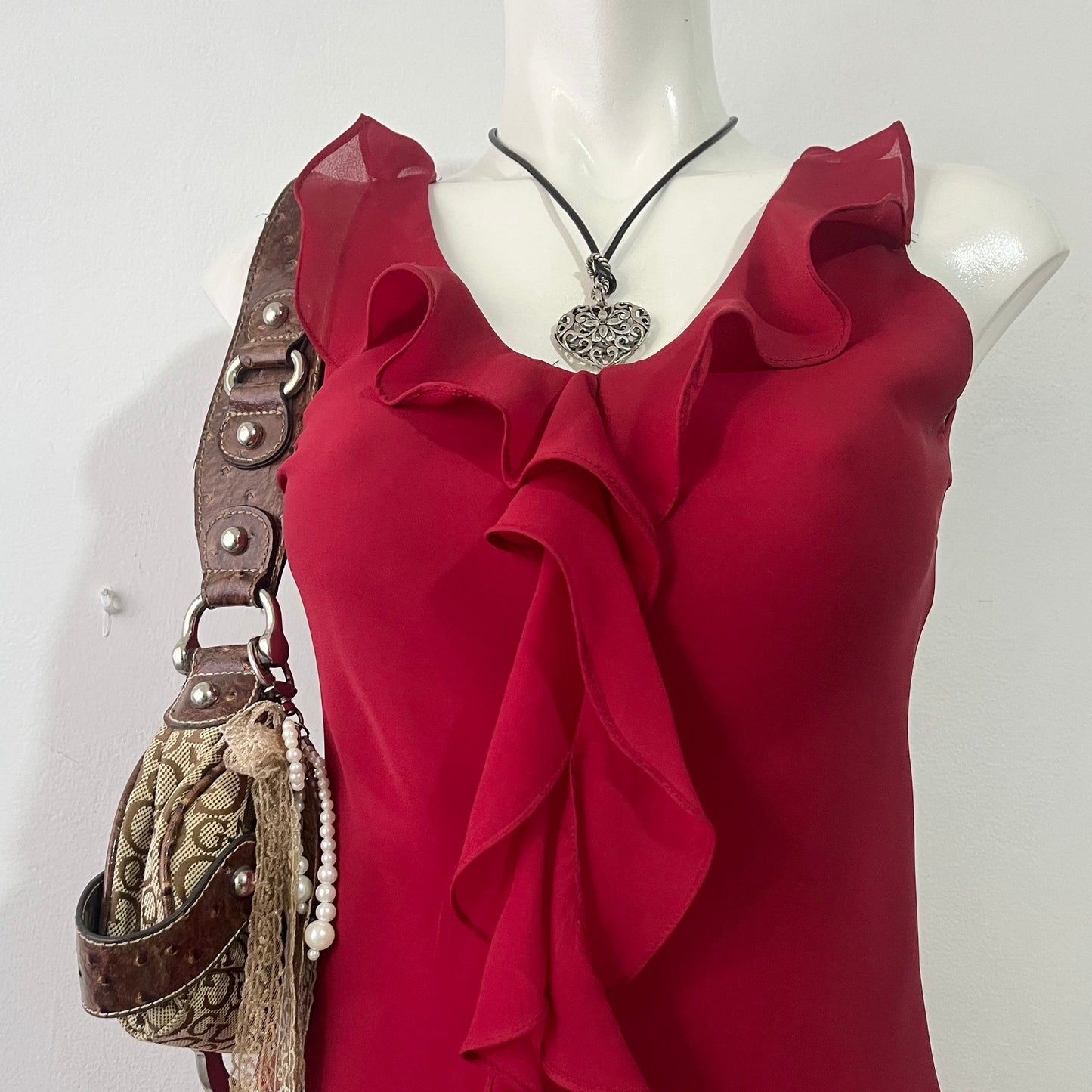 Burgundy assymetrical dress with floral embrodery