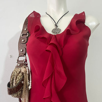 Burgundy assymetrical dress with floral embrodery