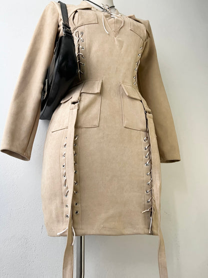 Beige velvet cargo dress